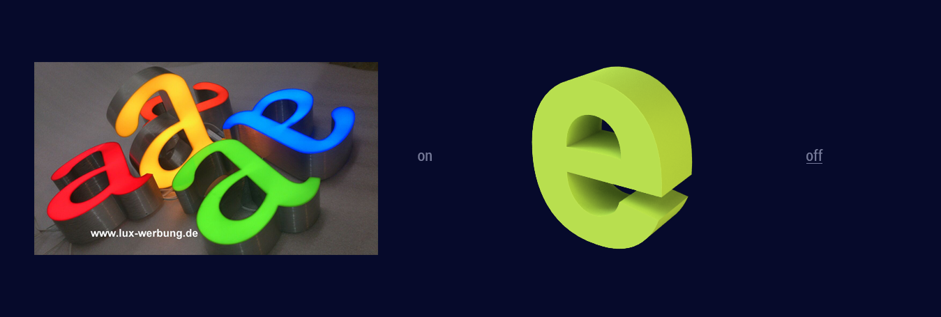 3D Front leuchtende Buchstaben (on)