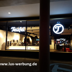 leuchtbuchstaben TEUFEL werbeanlage lichtreklame einzelbuchstaben auf schienen vormontiert smd led beleuchtung berlin 