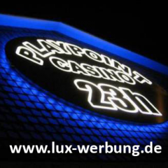 ovalkasten spielhalle fassadenwerbung, leuchtreklame, lichtreklame, gravurkasten front und rueck leuchtet rostock